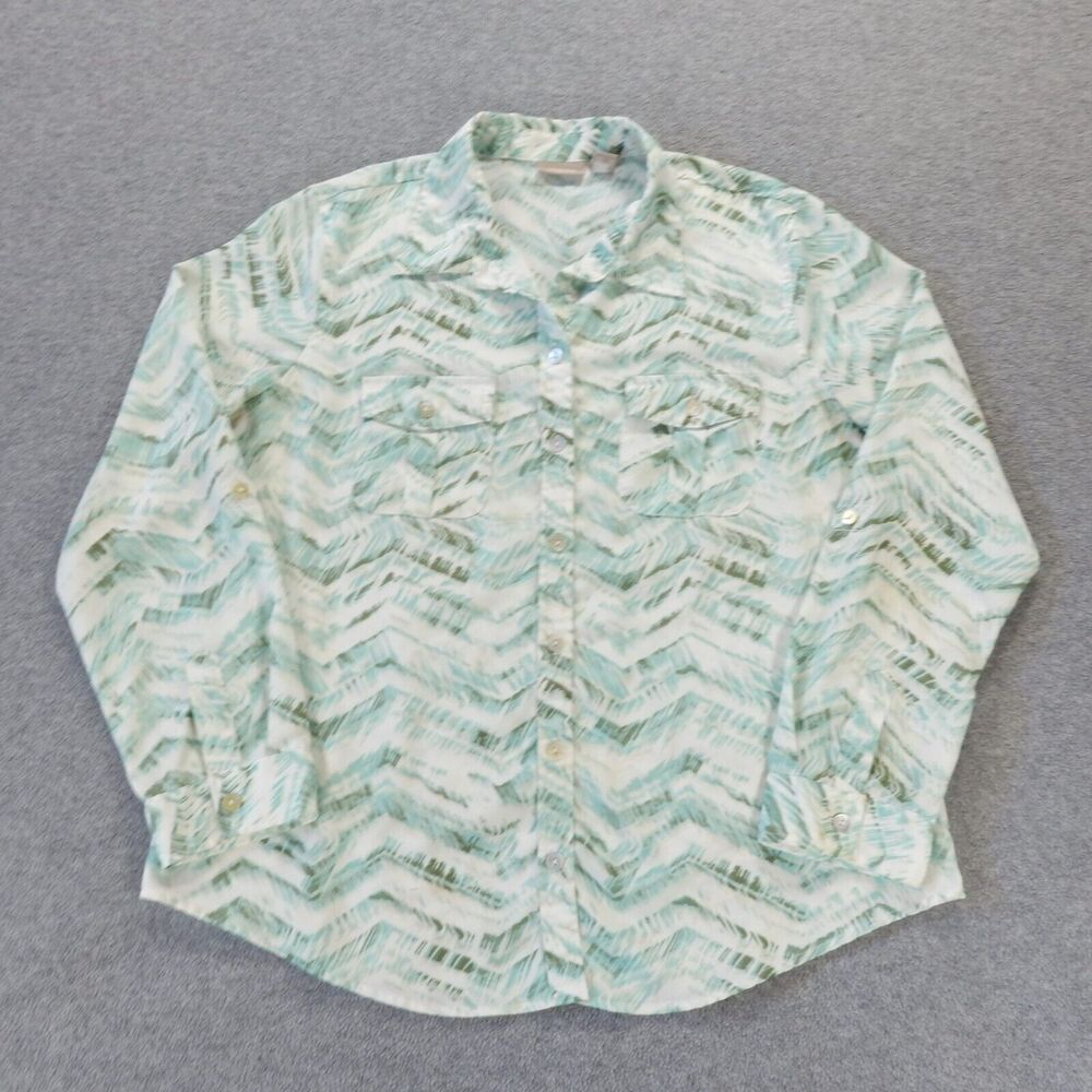 Chicos Womens Shirt Large White Green Pattern Pockets Button Roll Tab Sleeve